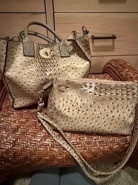 Ostrich Embossed 2 in 1 Satchel Bag Set Taupe Top Handle Crossbody Insert
